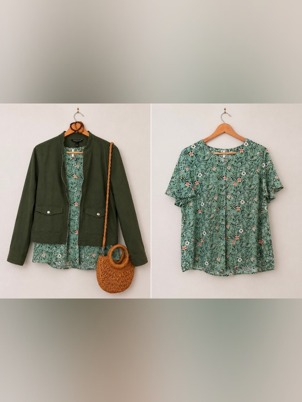 5 Piece Bundle | Utility Jacket | Bird & Floral Blouse | Woven Purse | Bracelets - Picture 2 of 16